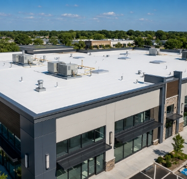 Aerial view of a commercial retail building featuring a newly installed white TPO flat roofing system.