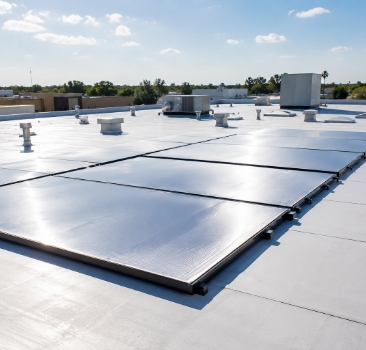 White TPO membrane commercial flat roof with solar panel system and HVAC units under a clear blue sky.