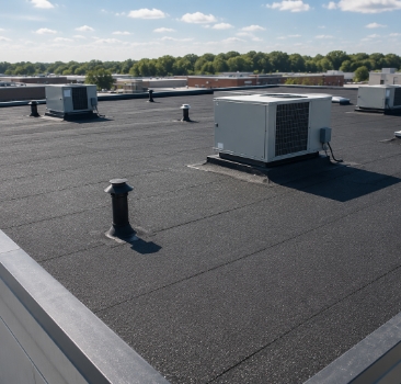 Black modified bitumen commercial flat roof system featuring rooftop HVAC units and roof vents.