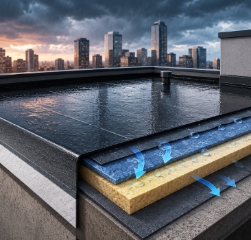 3D cross-section diagram showing flat roof waterproofing membrane, rigid insulation board, and moisture barrier layers against a city skyline.