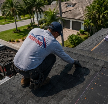 Roofer laying black architectural asphalt shingles on a residential roof deck.