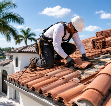 Professional roofing worker wearing safety harness installing terracotta clay tiles on a residential home roof.