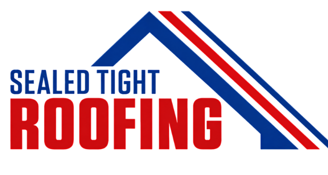 Official logo for Sealed Tight Roofing featuring red and blue typography with a house roof icon.